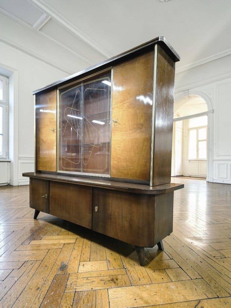 vintage XL houten vitrinekast / buffetkast / wandmeubel, Antiek en Kunst, Ophalen
