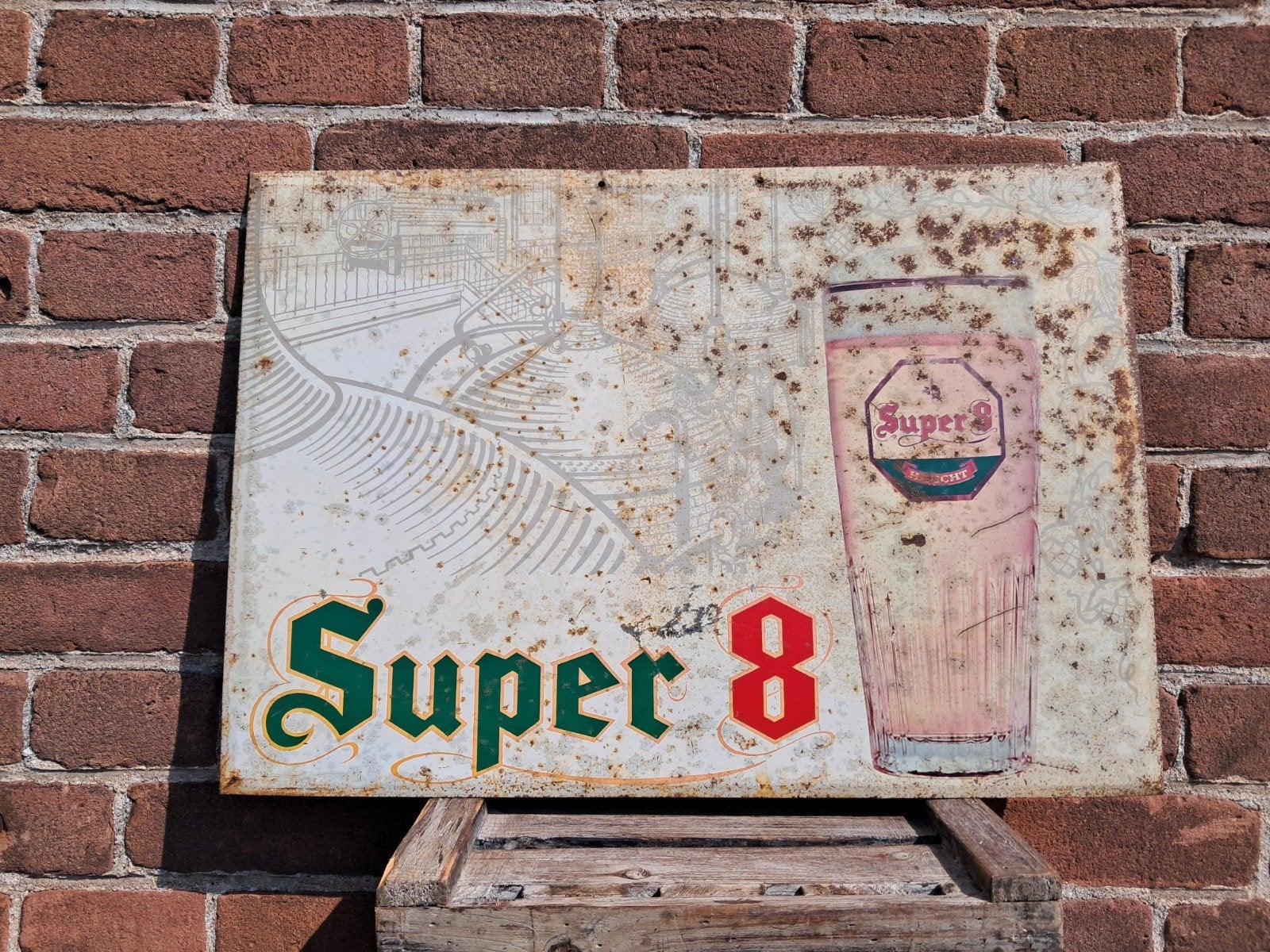 Zoldervondst oude blikken Bier reclame Super 8 Haacht., Ophalen of Verzenden, Gebruikt, Reclamebord