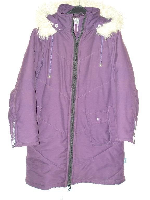 Winterjas maat 128 paars met capuchon en afneemb. bontrand, Ophalen of Verzenden, Gebruikt, Meisje, Jas
