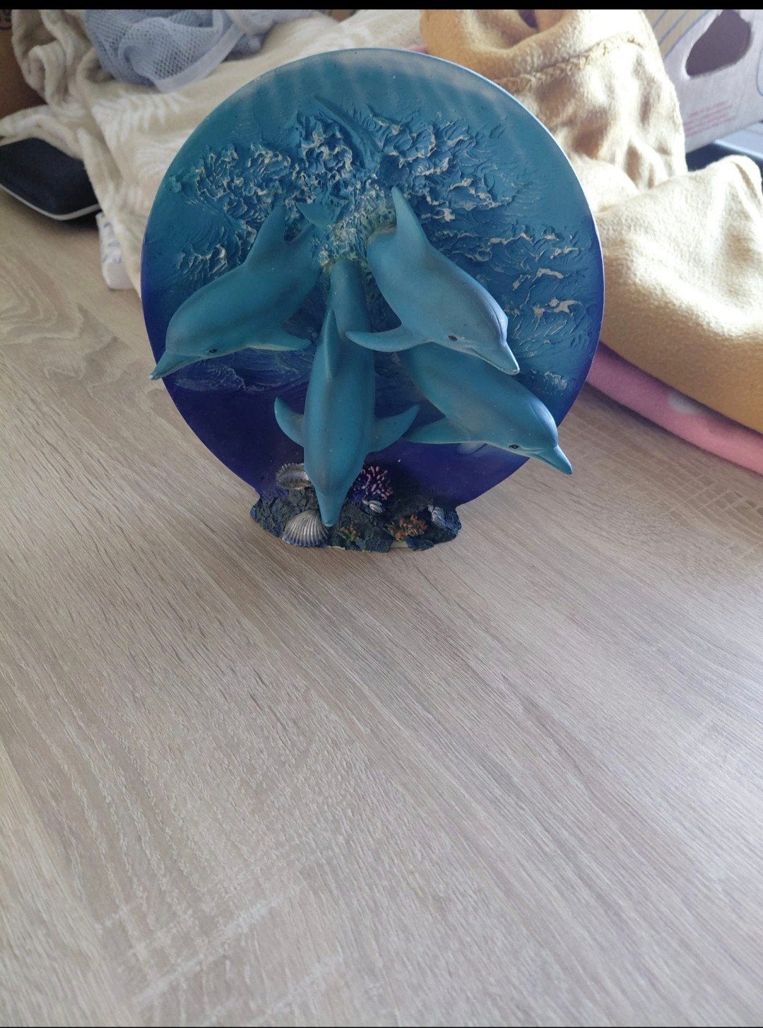 Dolfijnen decoratie set: klok, spaarpot en glazen blokken, Ophalen, Gebruikt, Meerkleurig, Glas