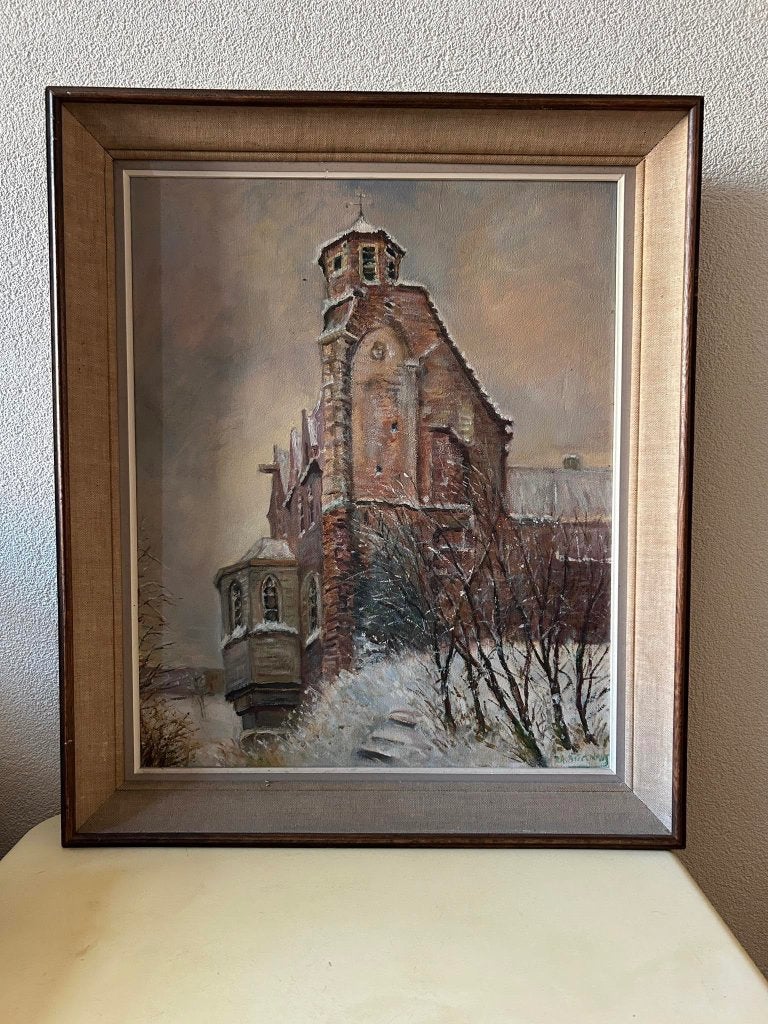 Winters olieverfschilderij gesigneerd P.A. Brockmans, Antiek en Kunst, Doek, Ophalen of Verzenden, Bijzondere lijst, Olieverf