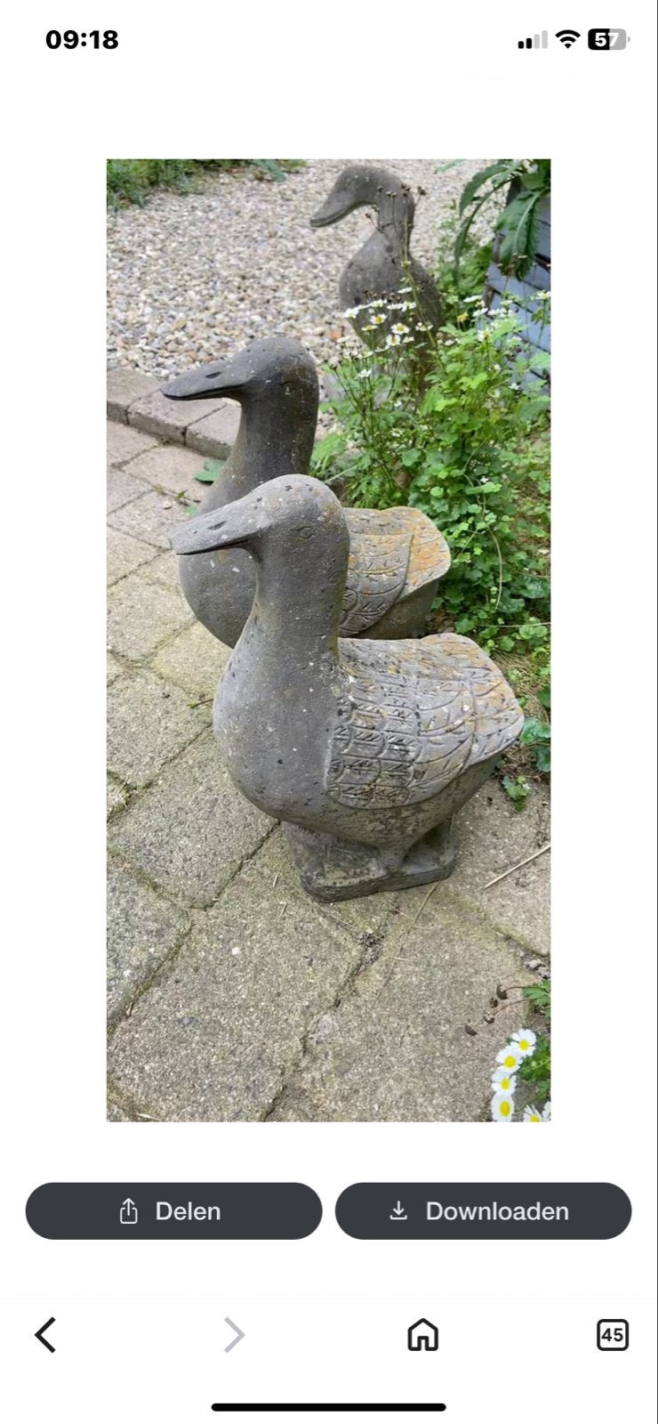 Twee stenen eenden voor in de tuin, 40 en 43cm hoog, Tuin en Terras, Ophalen, Gebruikt, Beton, Dierenbeeld