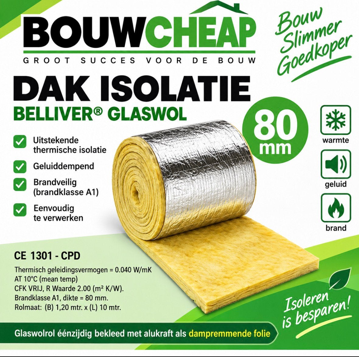 Glaswol isolatie op rol met aluminium dampremmende folie