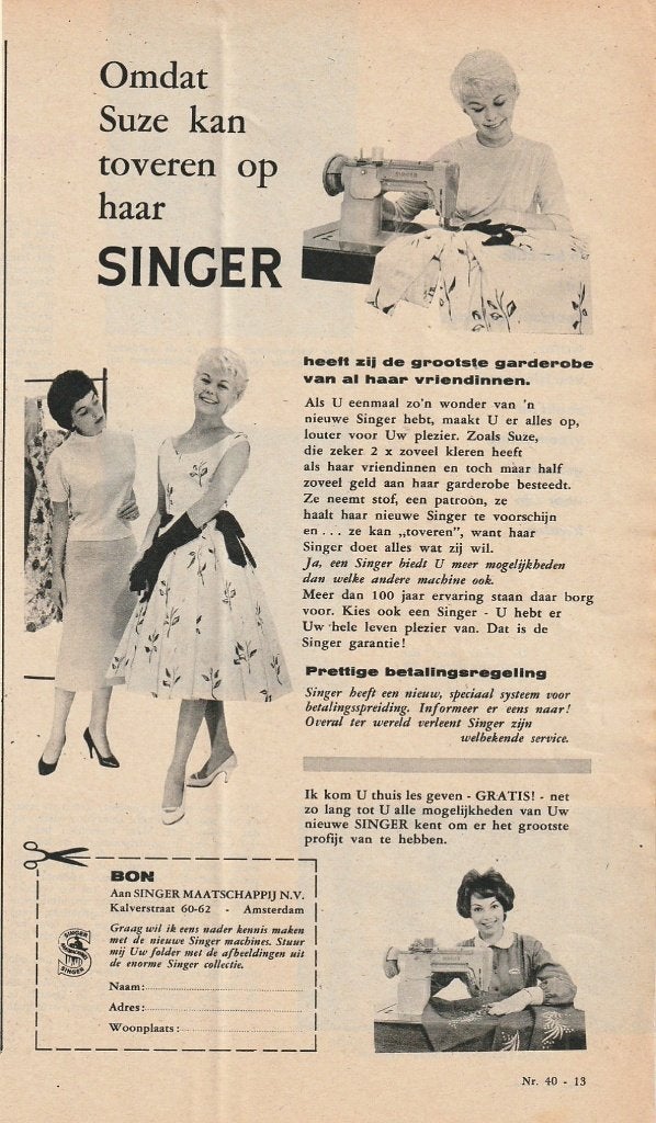 Retro reclame 1958 Singer naaimachine Suze kan toveren, Verzenden, Overige typen