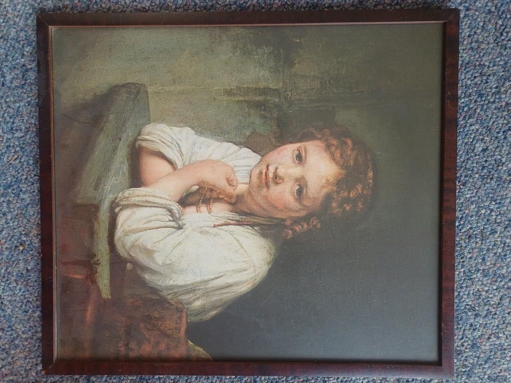 Ingelijste reproductie van meisje in het venster, Antiek en Kunst, Ophalen of Verzenden