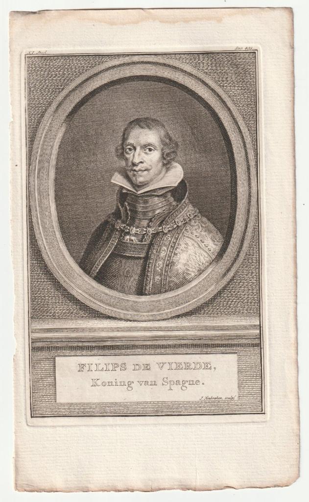 Filips de Vierde koning van Spanje gravure Houbraken, Verzenden, Portret, Gravure, Blanco verso