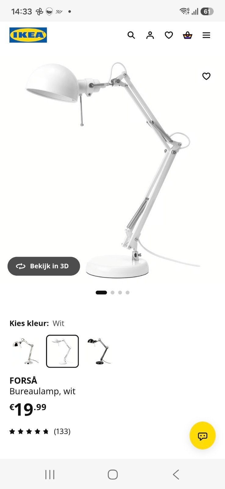 IKEA FORSÅ Bureaulamp Wit - Nieuw in doos met E14 lamp, Ophalen, Inclusief lichtbron, Bureaulamp, E14 (klein)