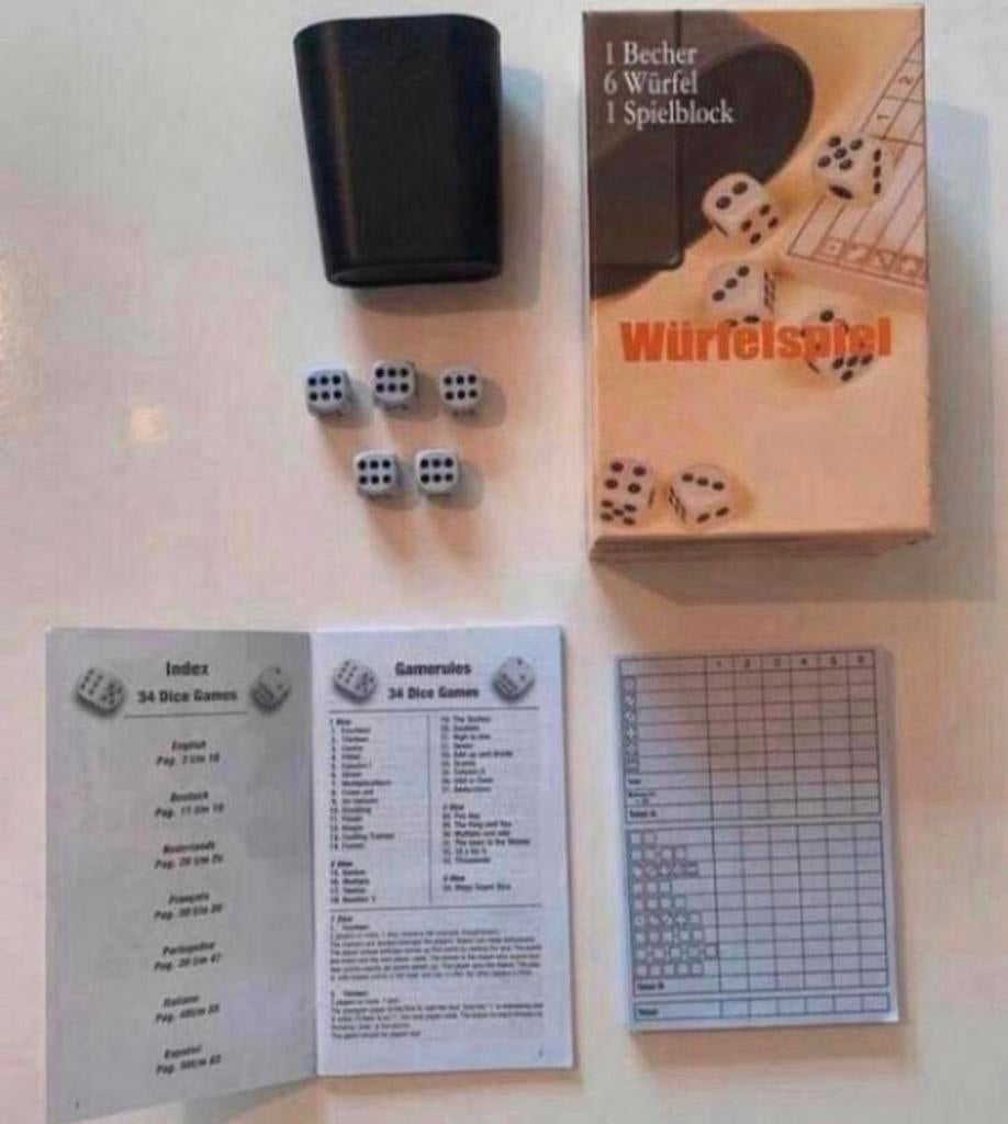 Spel Yahtzee/ kniffel + 34 dobbel spellen in 7 talen, Vijf spelers of meer, Ophalen of Verzenden, Zo goed als nieuw