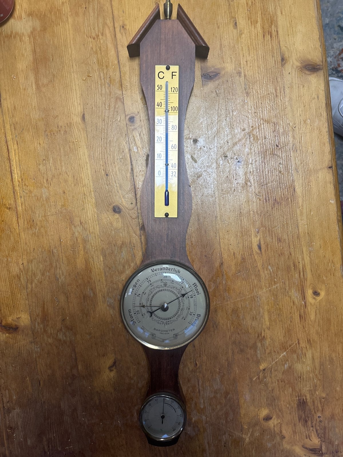 Vintage Barometer en Thermometer op Houten Plaat, Ophalen of Verzenden, Gebruikt, Weerstation