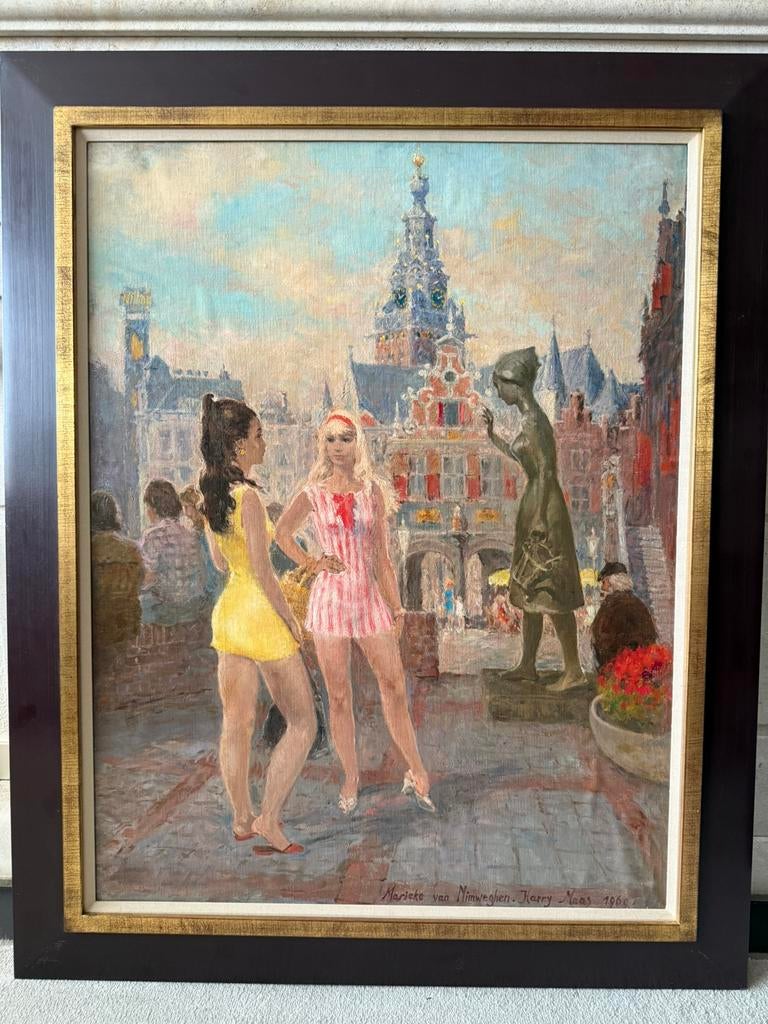 Harry Maas, 2 dames in Nijmegen, staat in boek van Harry!, Antiek en Kunst, Kunst | Schilderijen | Klassiek, Ophalen
