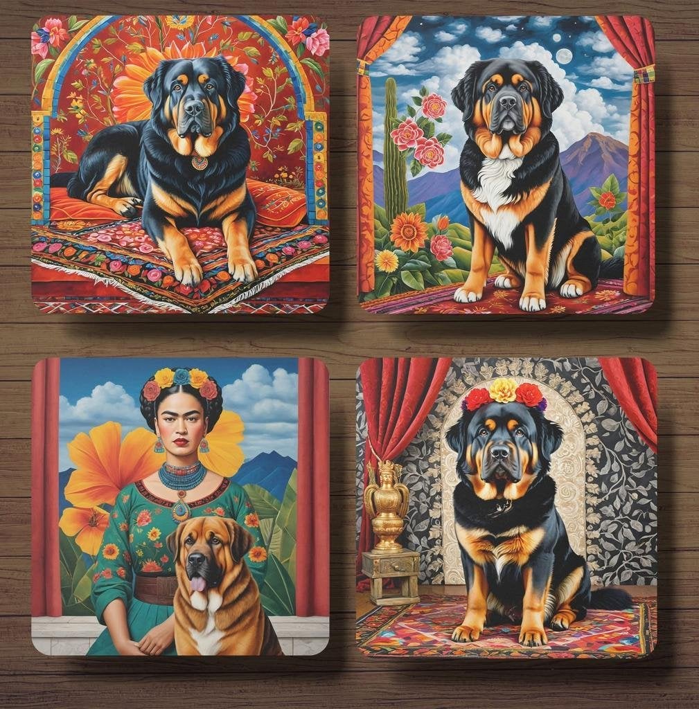 Tibetaanse Mastiff Frida Kahlo onderzetters met houder, Ophalen of Verzenden, Nieuw