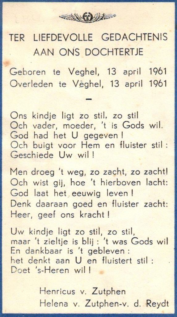 Zutphen v. (dochtertje) 1961 Veghel, Verzamelen, Bidprentjes en Rouwkaarten, Ophalen of Verzenden