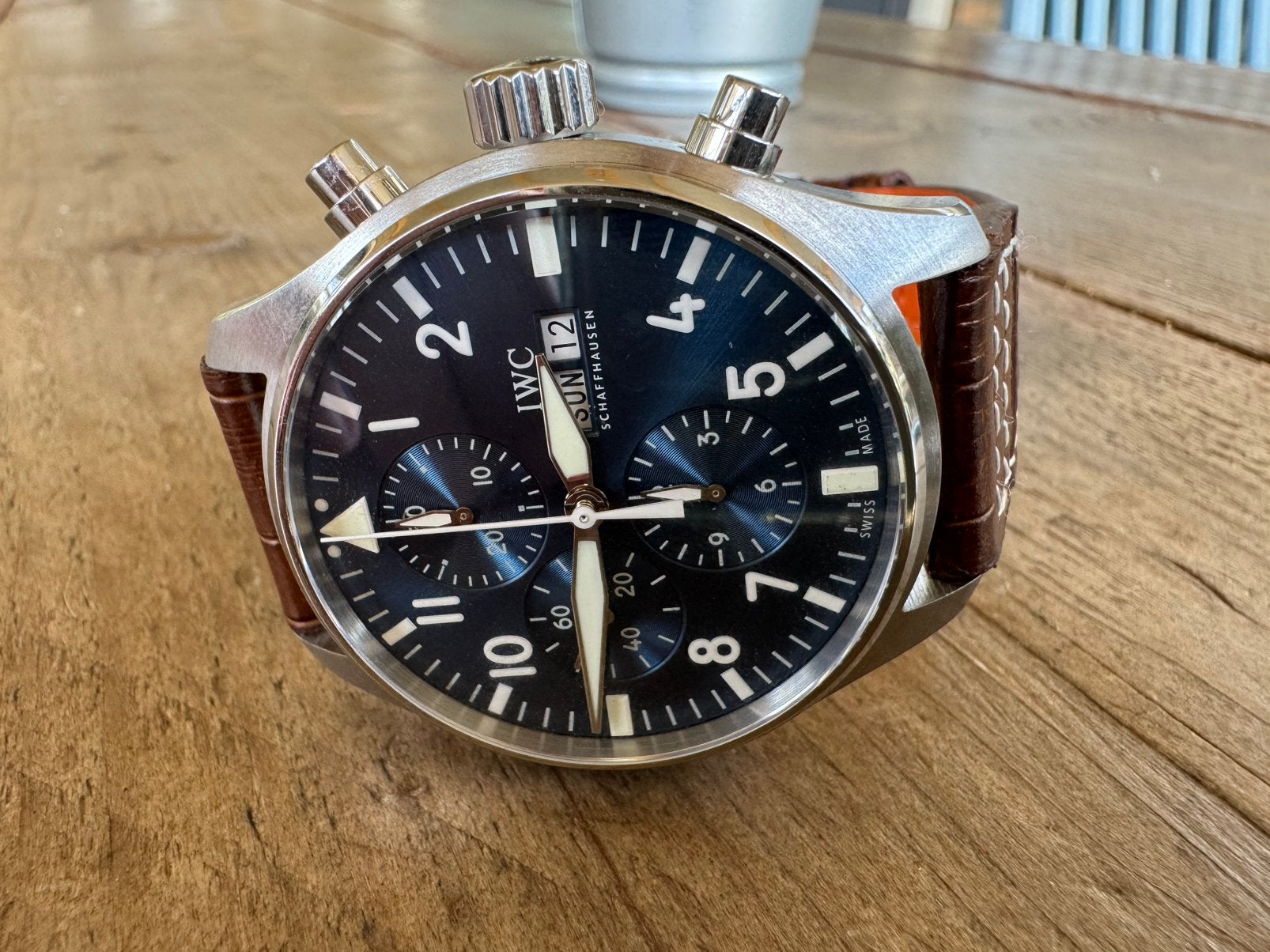 IWC 43mm Marriagwatch valjoux 7750 chrono automatic, Ophalen of Verzenden, Zo goed als nieuw, Leer, Overige merken