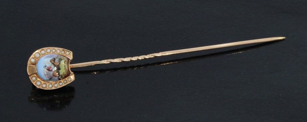 Paard en Jockey 14k gouden antieke broche speld fraai, Ophalen of Verzenden, Goud, Broche, Met edelsteen