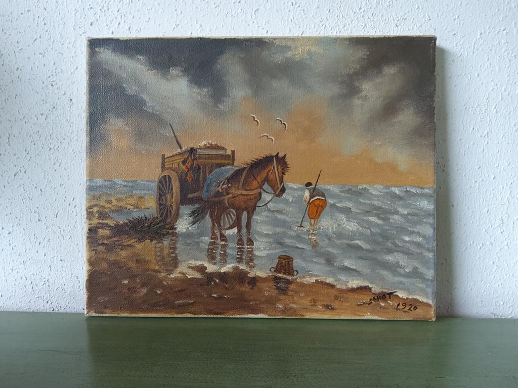 Schilderij Schelpenvisser met Paard en Kar, gesigneerd 1920, Antiek en Kunst, Ophalen of Verzenden