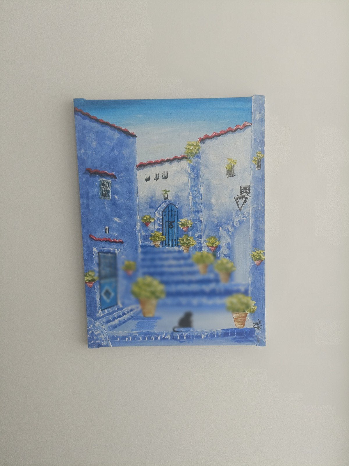 Schilderij Blauwe Stad met Kat - 52x38,5 cm, Ophalen