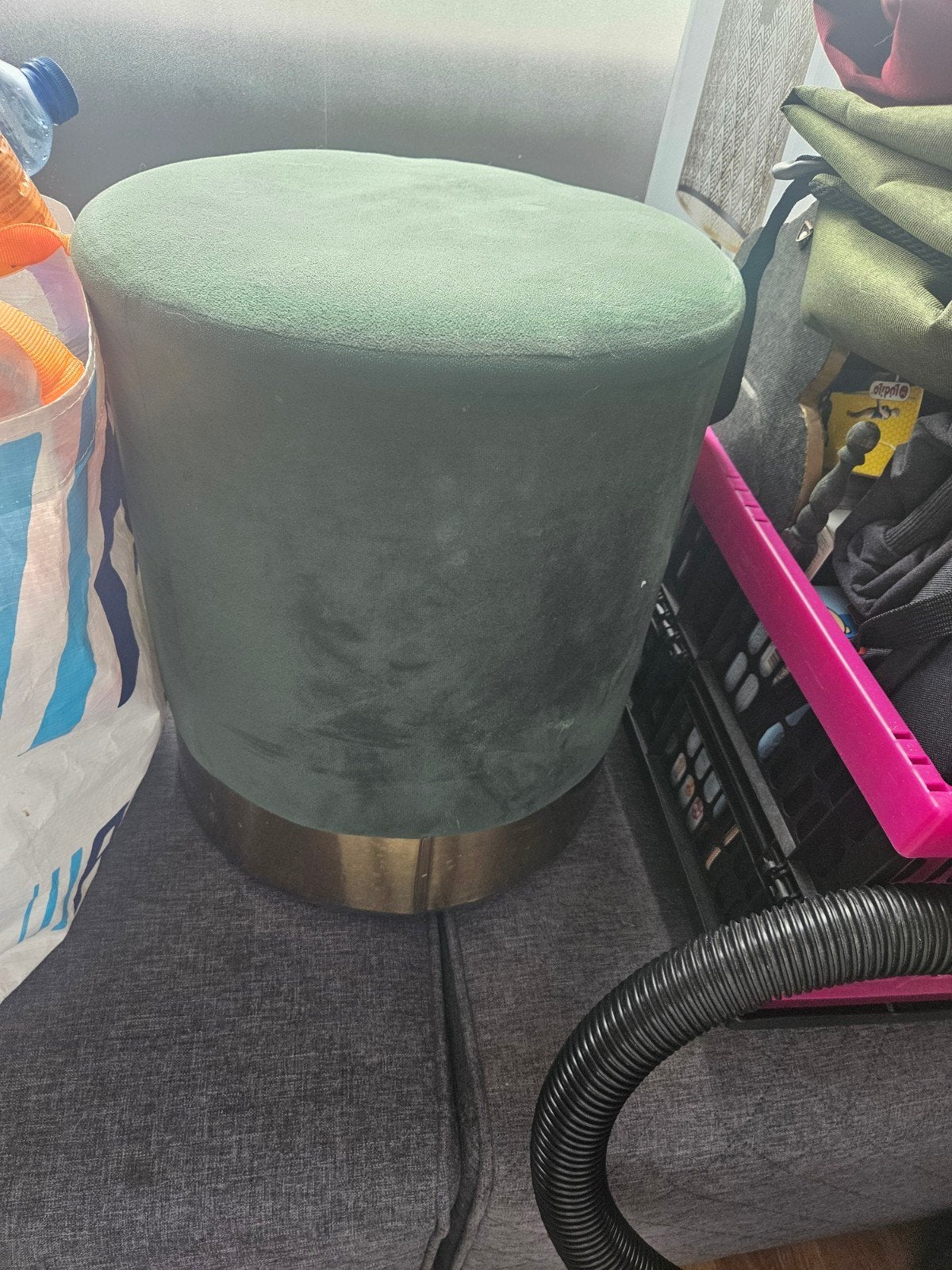 Groene fluwelen poef met gouden rand, Minder dan 50 cm, Gebruikt, Rond, Minder dan 50 cm