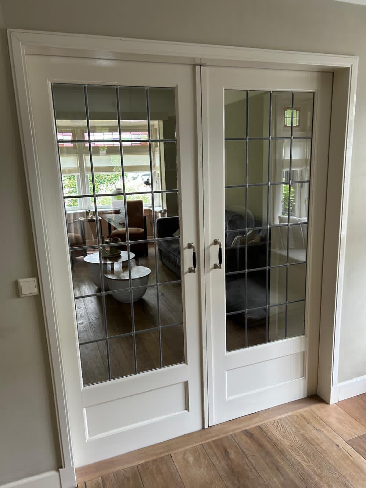 Supermooie  hardhouten ensuite deuren met glas en lood, Doe-het-zelf en Verbouw, Deuren en Horren, Ophalen, Gebruikt, 80 tot 100 cm