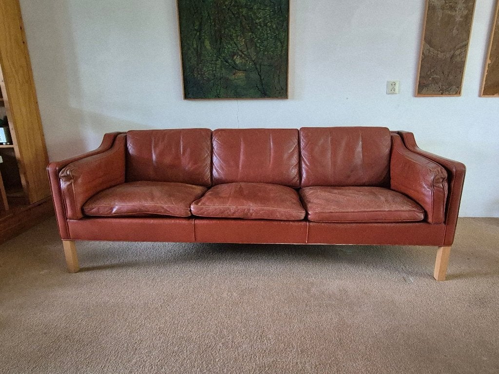 vintage Børge Mogensen 3 zits bank model 2213 cognac, Huis en Inrichting, Ophalen, Gebruikt, Driepersoons, Rechte bank
