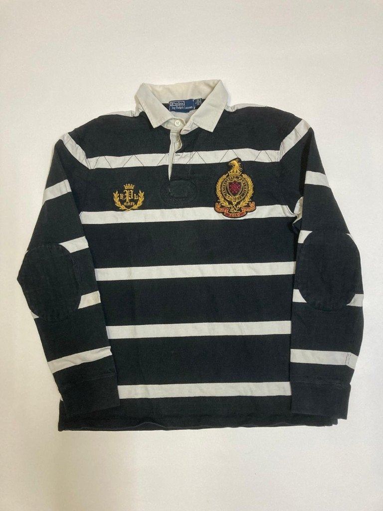 Polo Ralph Lauren Black White striped Rugbypolo L Embroiderd, Maat 52/54 (L), Zwart, Ralph Lauren, Ophalen of Verzenden