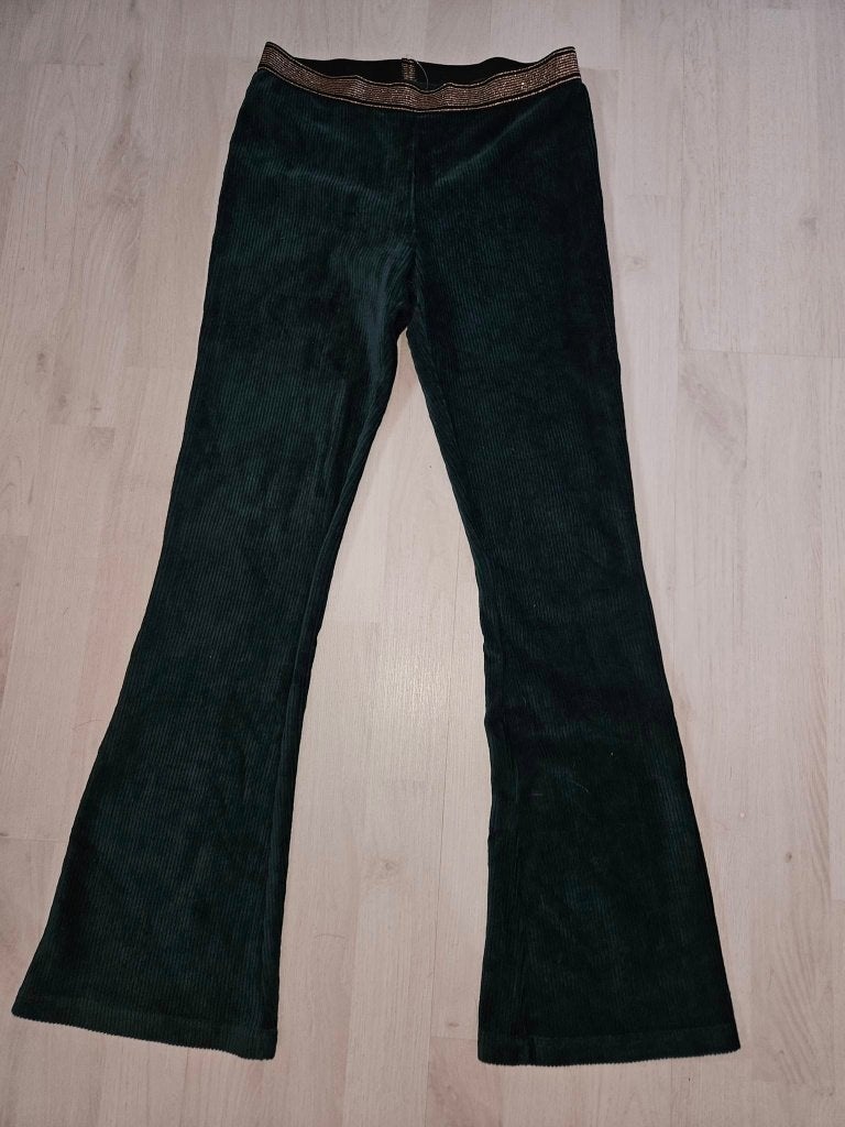 Groene  flared broek met gouden tailleband maat 152, Broek, Meisje, Ophalen of Verzenden, Zo goed als nieuw
