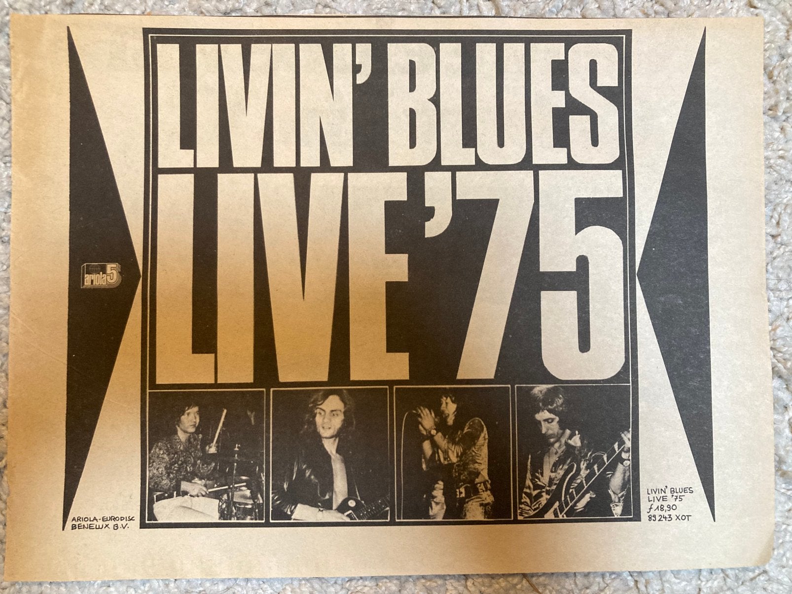 Paginagrote A4 advertentie LIVIN’ BLUES Live ‘75 release, Ophalen of Verzenden, Gebruikt, 12 inch, Blues