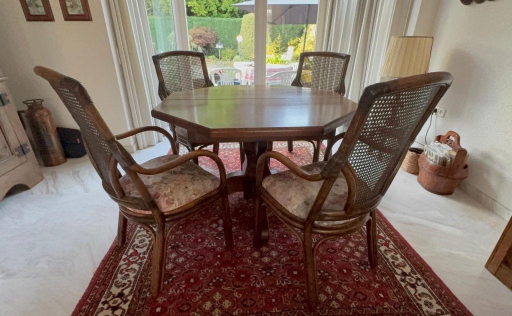 Eiken uittrekbare tafel met 8 stoelen, Huis en Inrichting, Tafels | Eettafels, Ophalen, Eikenhout, 200 cm of meer, 50 tot 100 cm