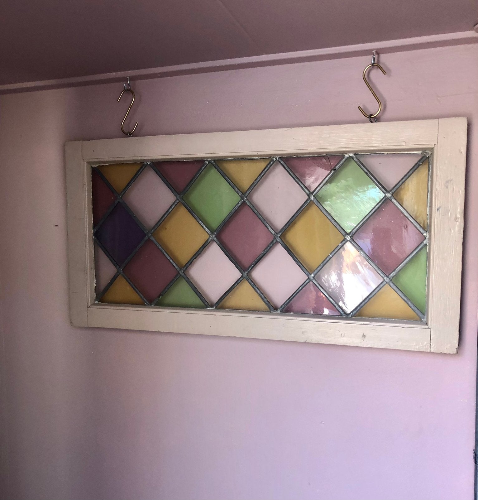Prachtig vintage glas in lood raam in kozijn, antiek, Ophalen, Gevelraam of Ruit, Gebruikt, Minder dan 80 cm