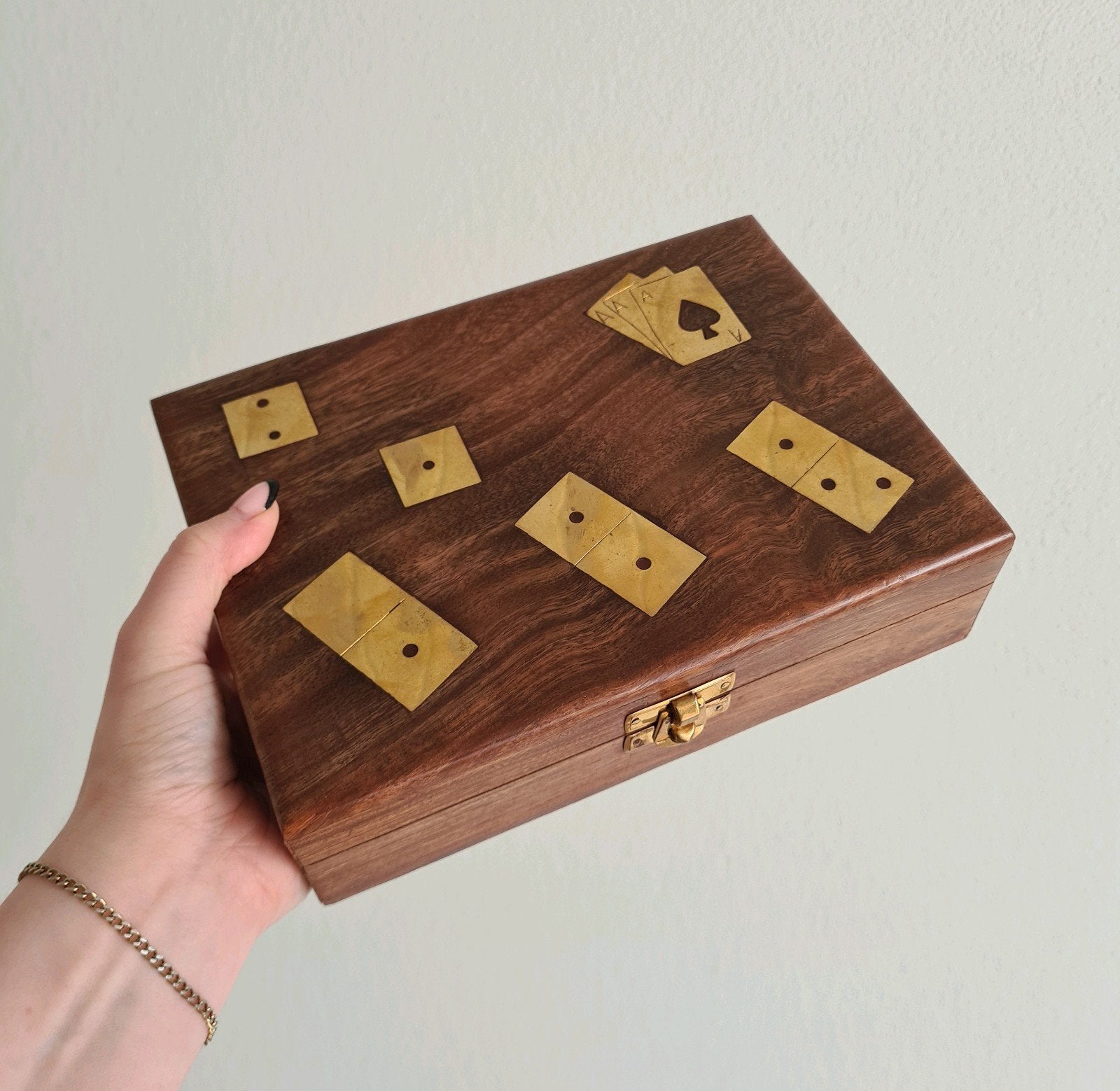 Retro vintage hout messing spellendoos dominos kaarten, Ophalen of Verzenden, Huis en Inrichting