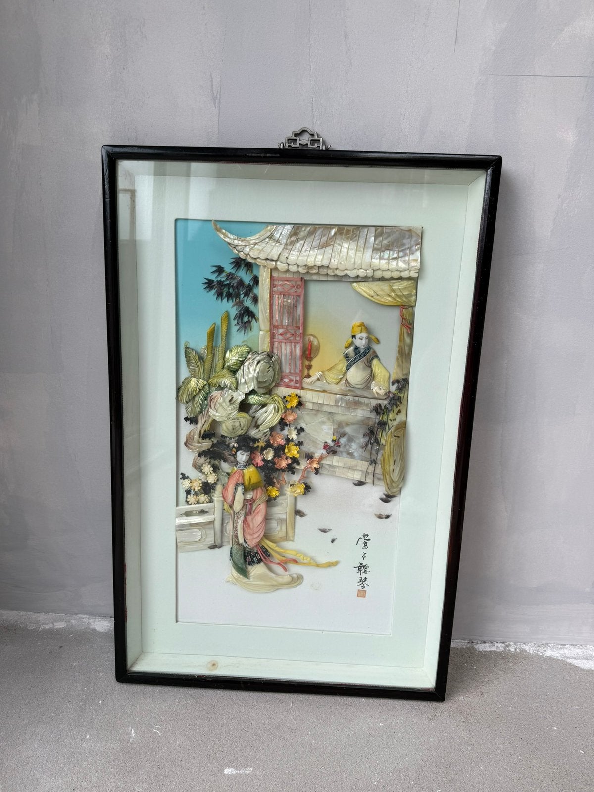 Vintage Chinese 3D shadowbox wall art piece Garden Scene, Ophalen, Gebruikt, Schilderij, 75 – 100