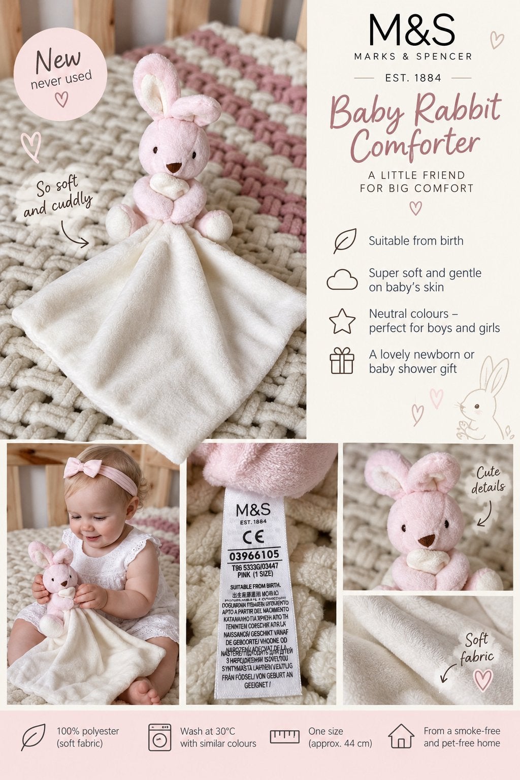 M&S Baby Knuffel Konijn met Doekje – Nieuw, Ophalen of Verzenden, Nieuw, Overige typen
