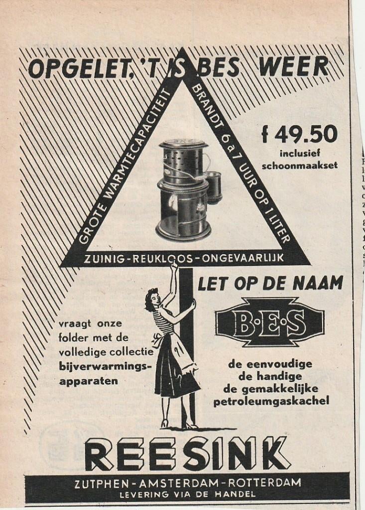 Retro reclame 1957 Reesink Bes petroleum kachel, Verzenden, Overige typen