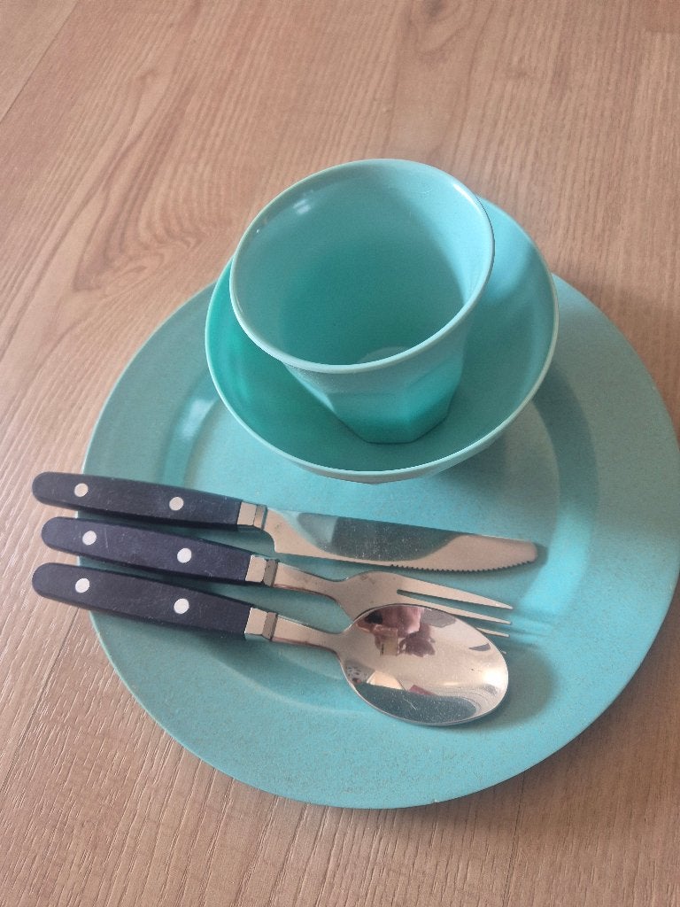 compleet blauw servies voor 1 persoon, Ophalen, Kunststof, Overige merken, Zo goed als nieuw