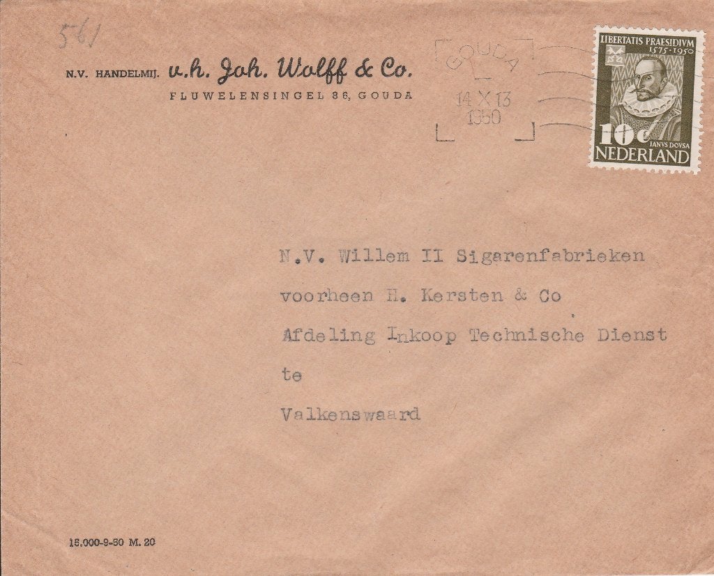 GOUDA 1950 Handelmij v.h. Joh. WOLFF & Co Fluwelensingel 86, Ophalen of Verzenden, 1940 tot 1960, Gelopen, Zuid-Holland