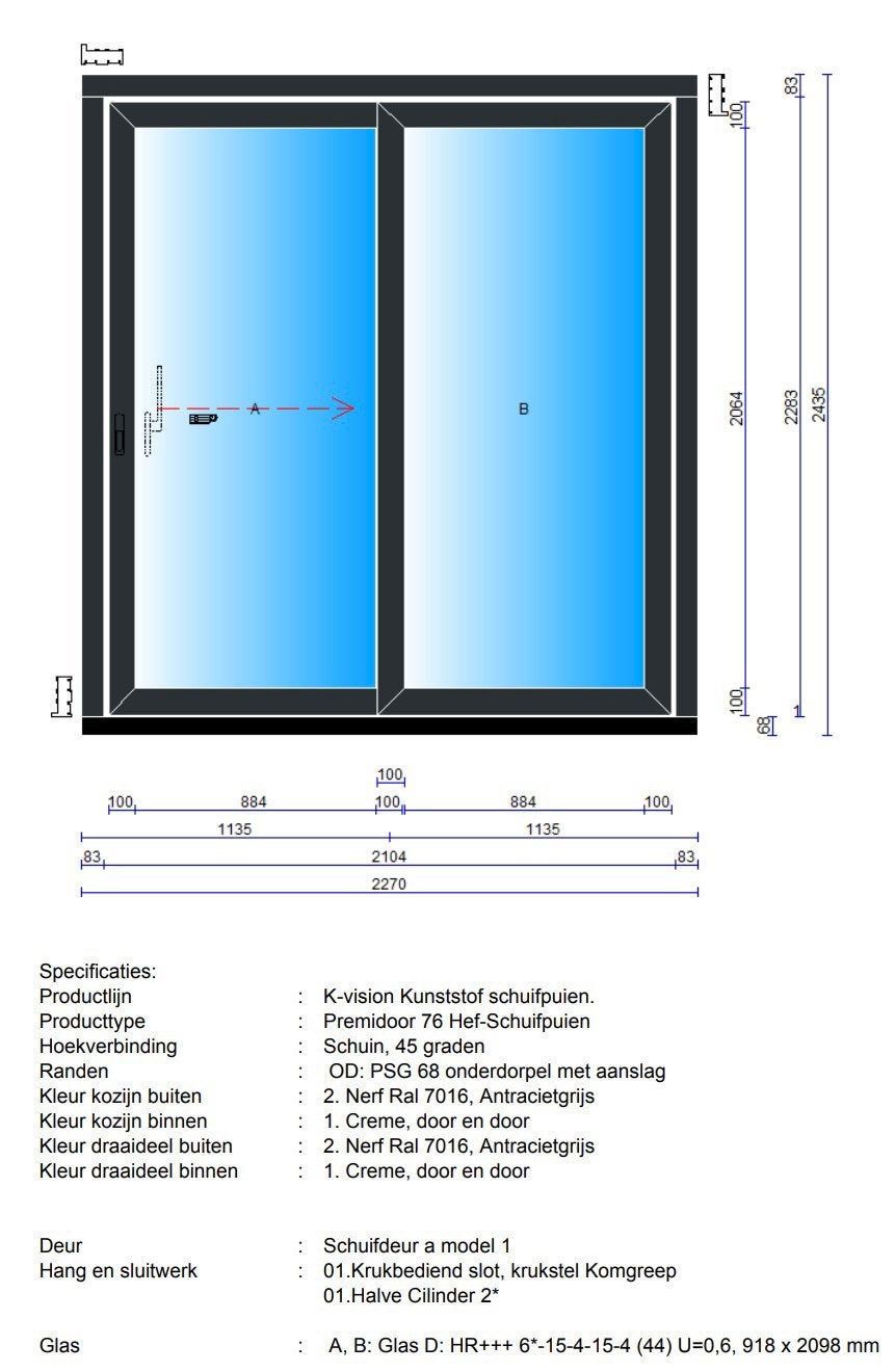 Hagelnieuwe schuifpui met HR+++ glas. Kleur 7016, Kunststof, 225 cm of meer, Nieuw, Ophalen of Verzenden