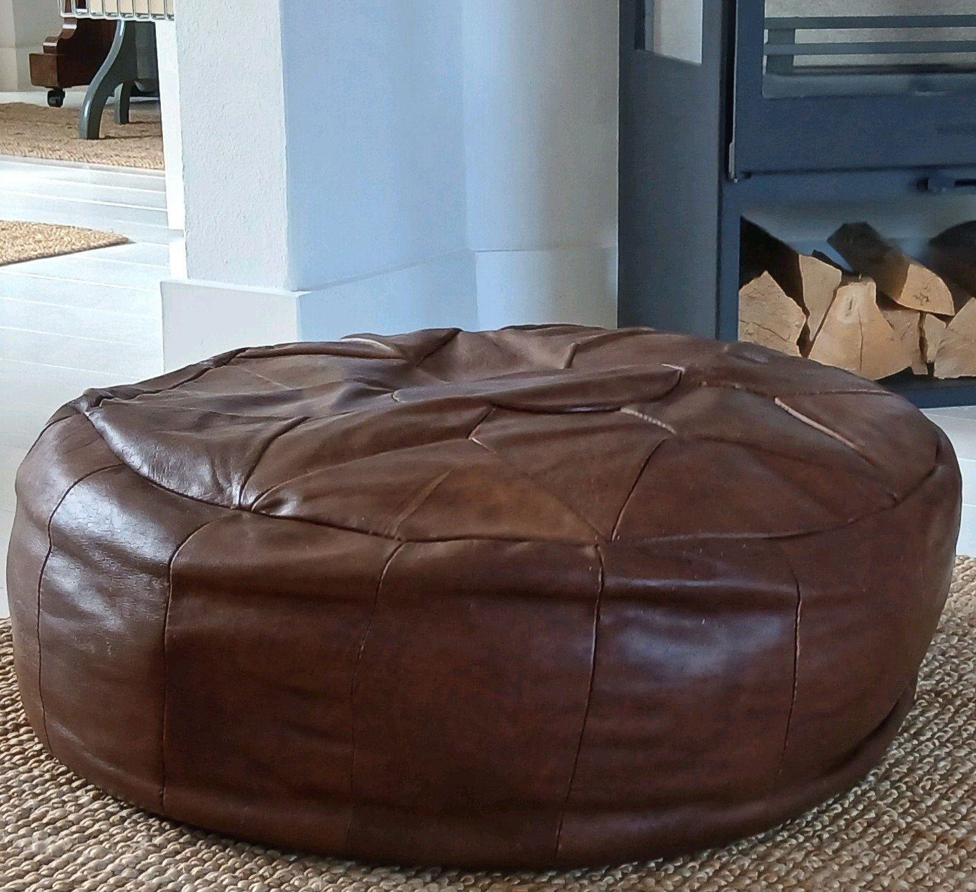 Vintage Pouf Marocain _ Leer,, Ophalen, Rond, Minder dan 50 cm, Minder dan 50 cm