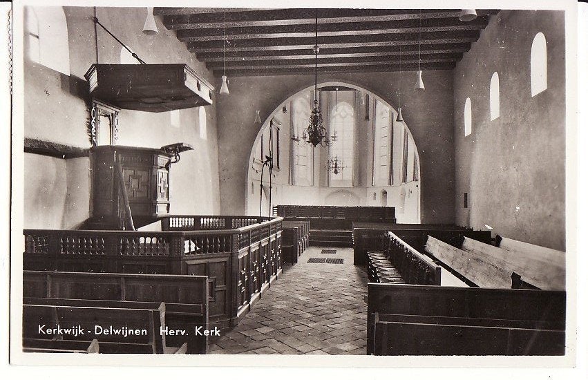 Kerkwijk Delwijnen (Gld) Interieur Herv. Kerk 1955., Ophalen, 1940 tot 1960, Gelopen, Gelderland