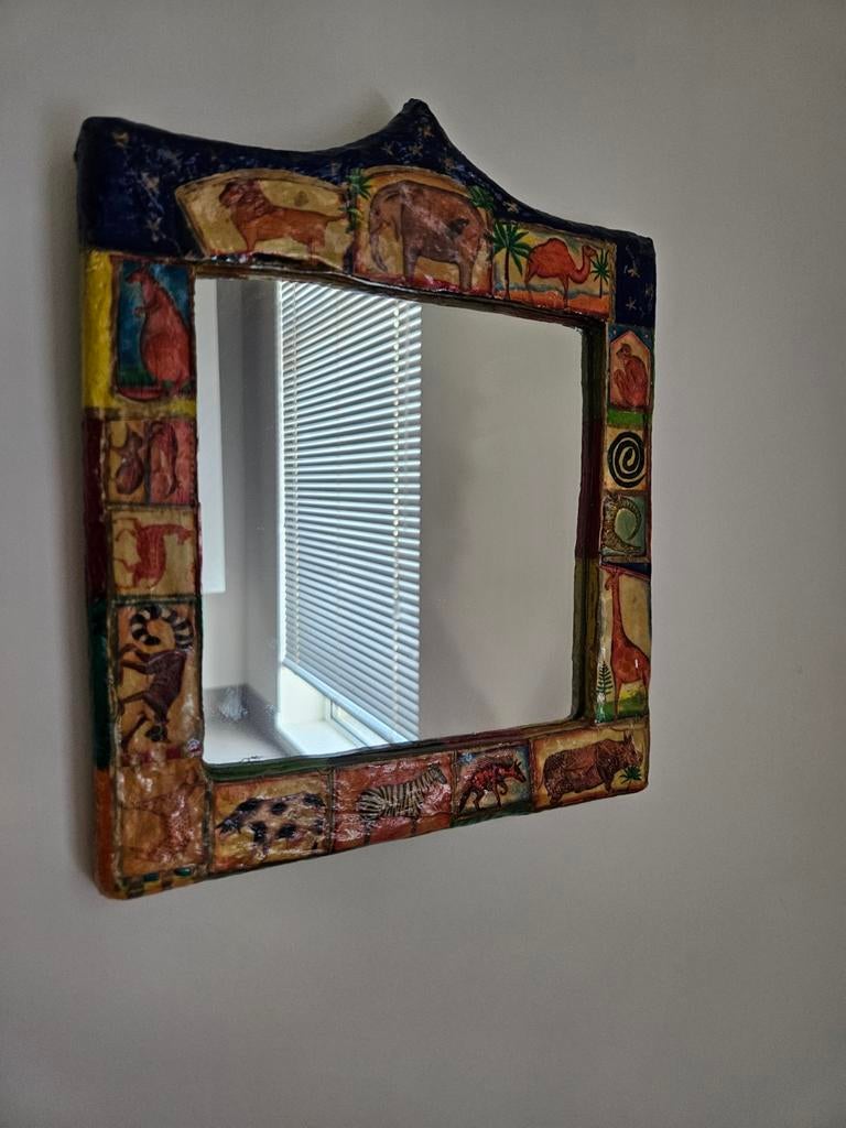 Decoratieve safari spiegel – Afrikaanse stijl – met diere, Minder dan 50 cm, Gebruikt, Vierkant, Ophalen of Verzenden
