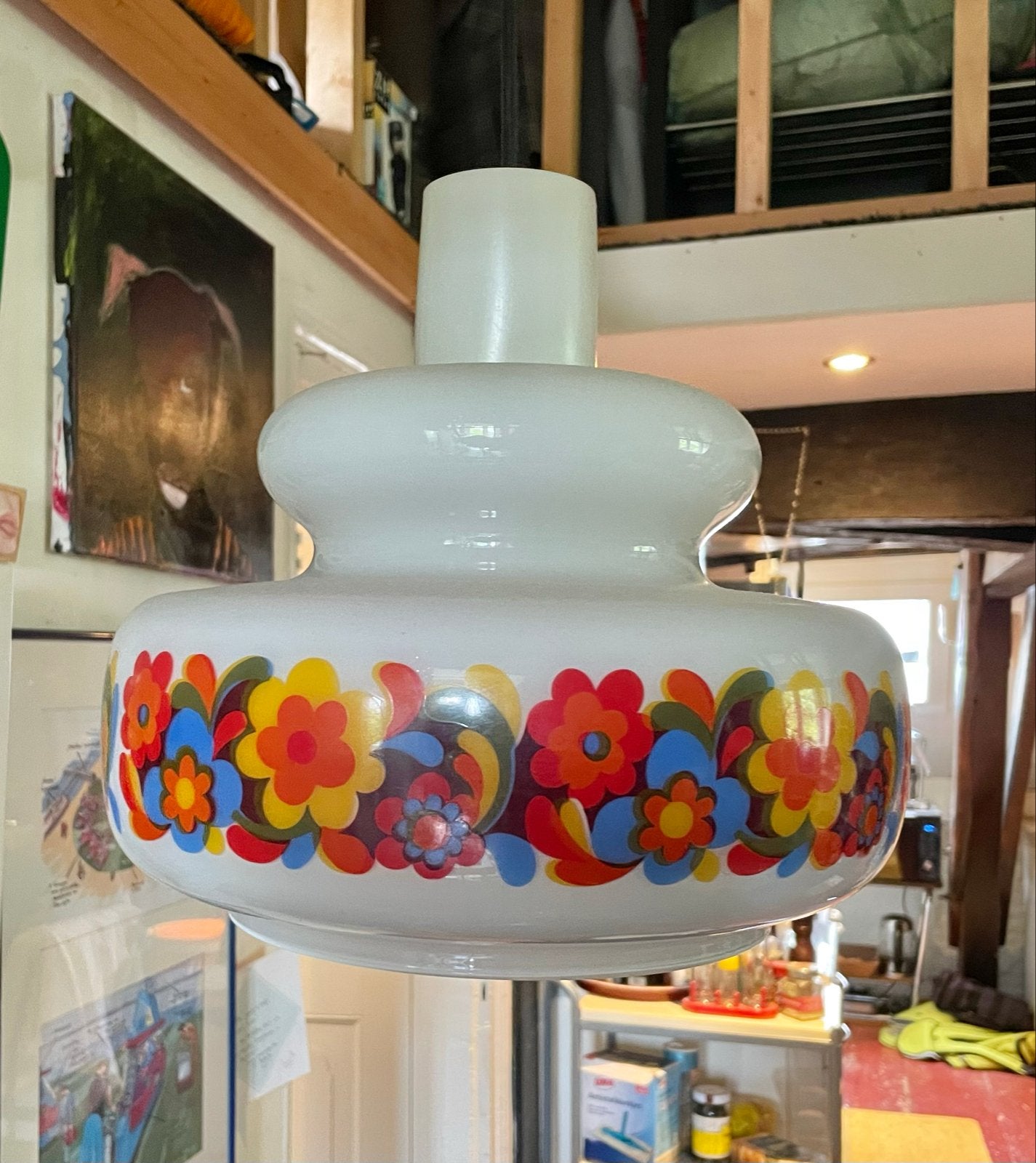 Vintage 70's glazen lamp met bloemenpatroon, Ophalen of Verzenden, Gebruikt, Glas