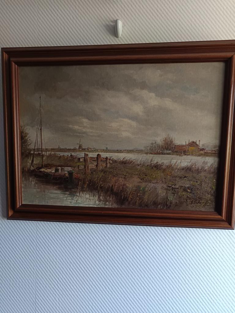 S. Scheaffer Olieverfschilderij - Hollands Landschap, Ophalen of Verzenden