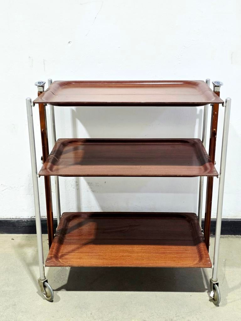 YV9627. Vintage 70s Brabantia 3-Tier Folding Serving Trolley, Ophalen of Verzenden, Gebruikt, Bruin, Overige materialen