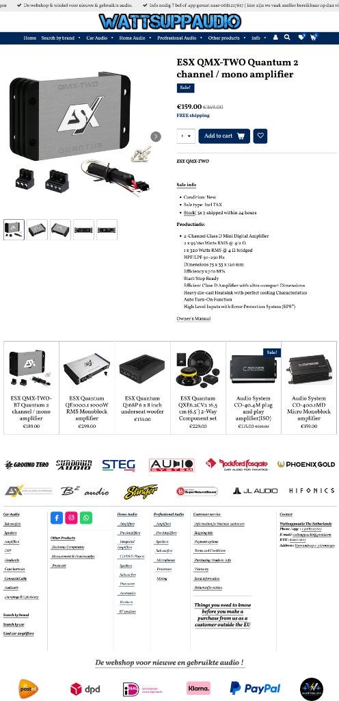 ESX QMX-TWO Quantum 2 kanaals micro versterker 320WRMS, Am Breilingsweg 3, 76709 Kronau, Duitsland, Audio Design, Nieuw, Ophalen of Verzenden