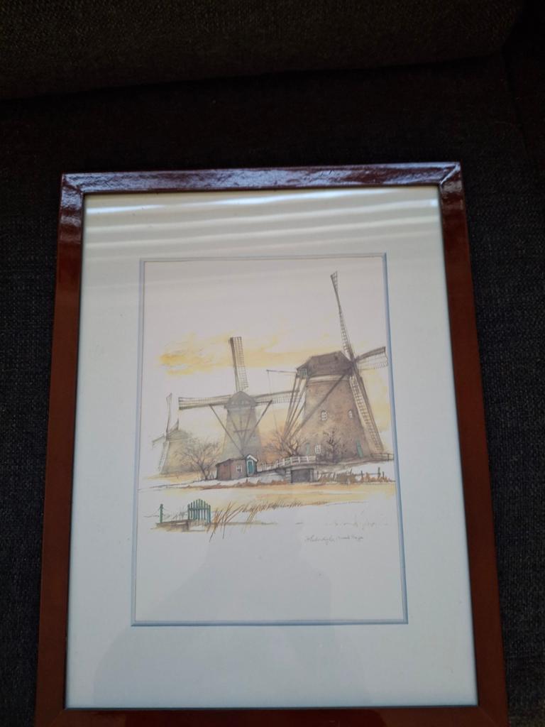 Ingelijste aquarel Kinderdijk molens, gesigneerd, Ophalen of Verzenden