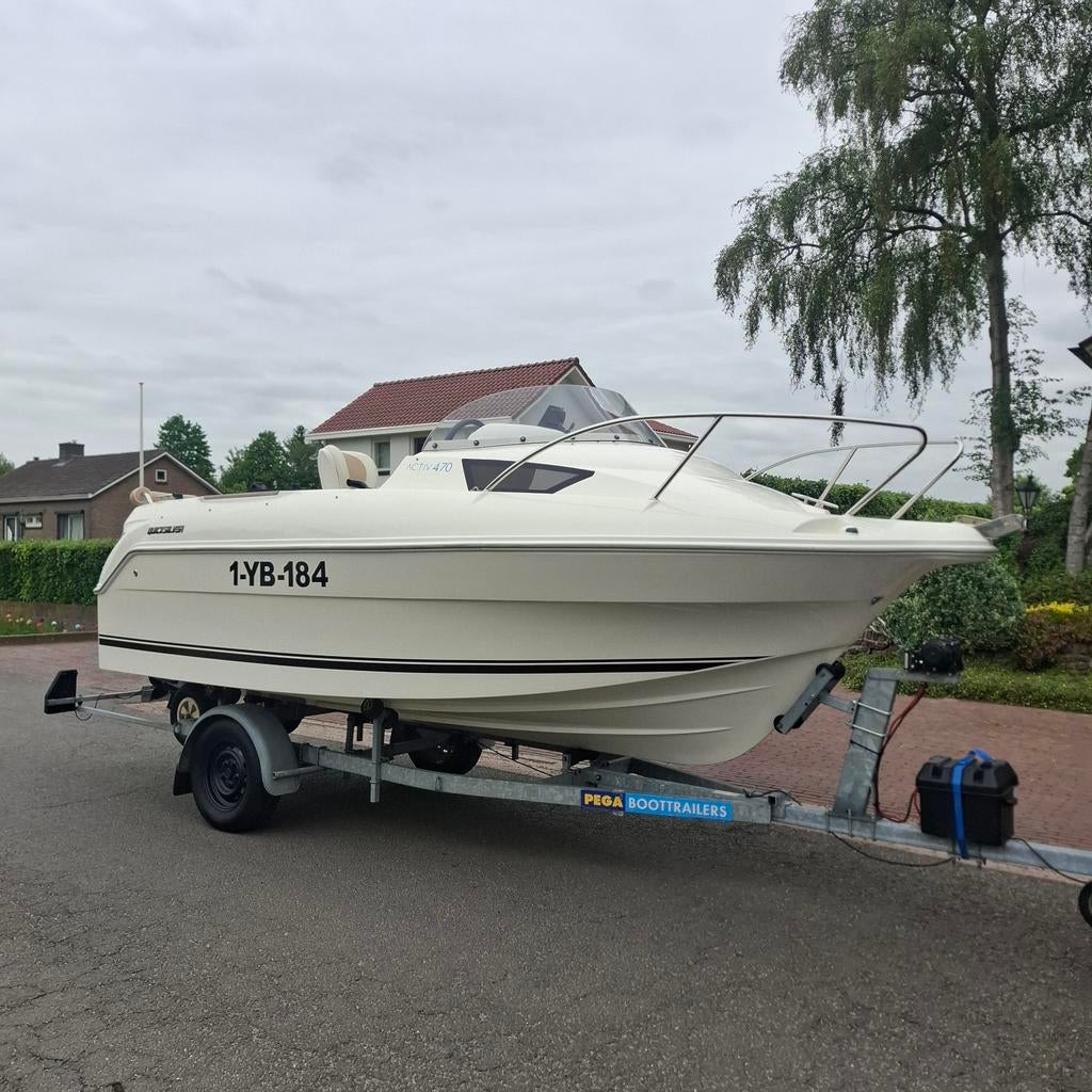 Te koop quicksilver cabin 470 active  helemaal compleet!, Watersport en Boten, Speedboten, Benzine, Minder dan 70 pk, Buitenboordmotor