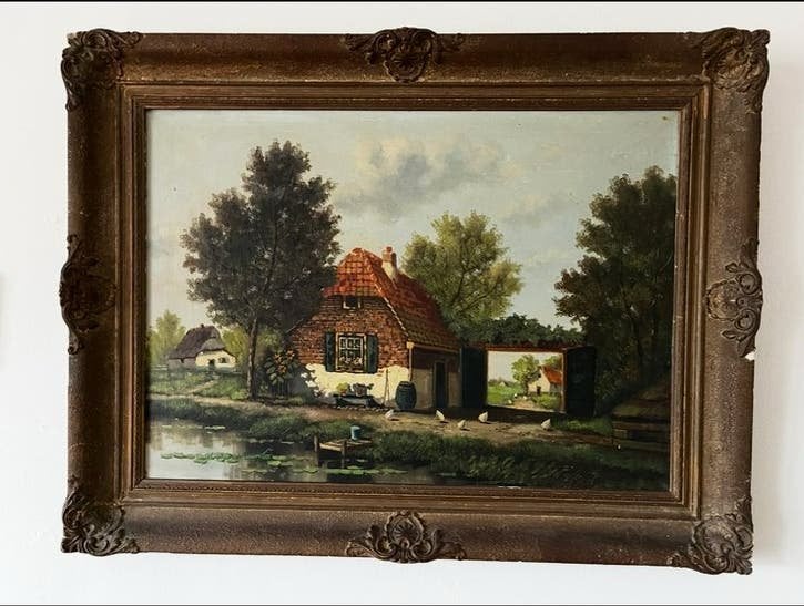 Boerderij met kipjes schilderij, Antiek en Kunst, Ophalen, Paneel, Oud hollands, Gesigneerd