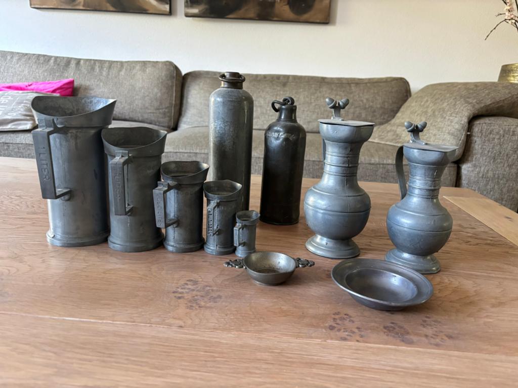 Antieke tinnen drankmaten en kannen - complete set, Antiek en Kunst, Antiek | Tin, Ophalen
