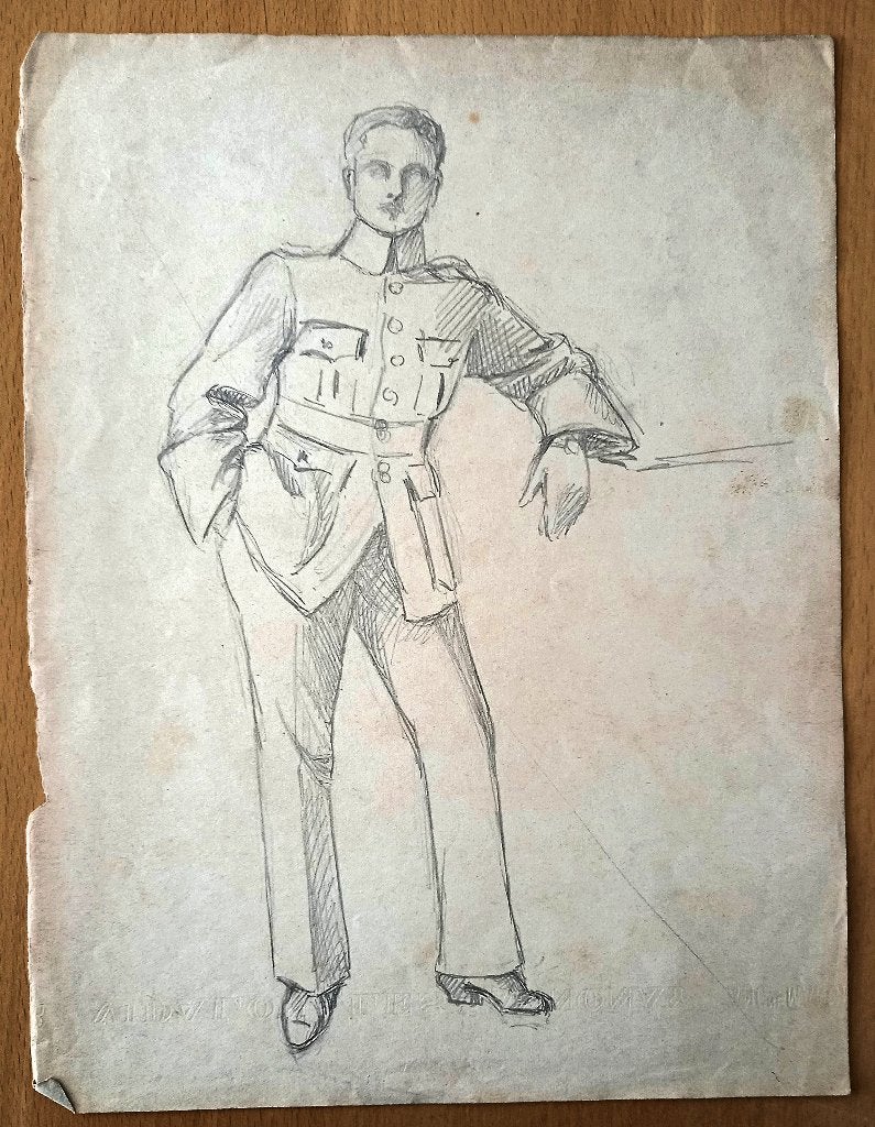 A493-75 Oude tekening Militair met hand in zak leunend, Ophalen of Verzenden