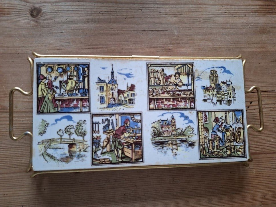Vintage onderzetter met Delfts blauw-achtige tegels, Ophalen of Verzenden