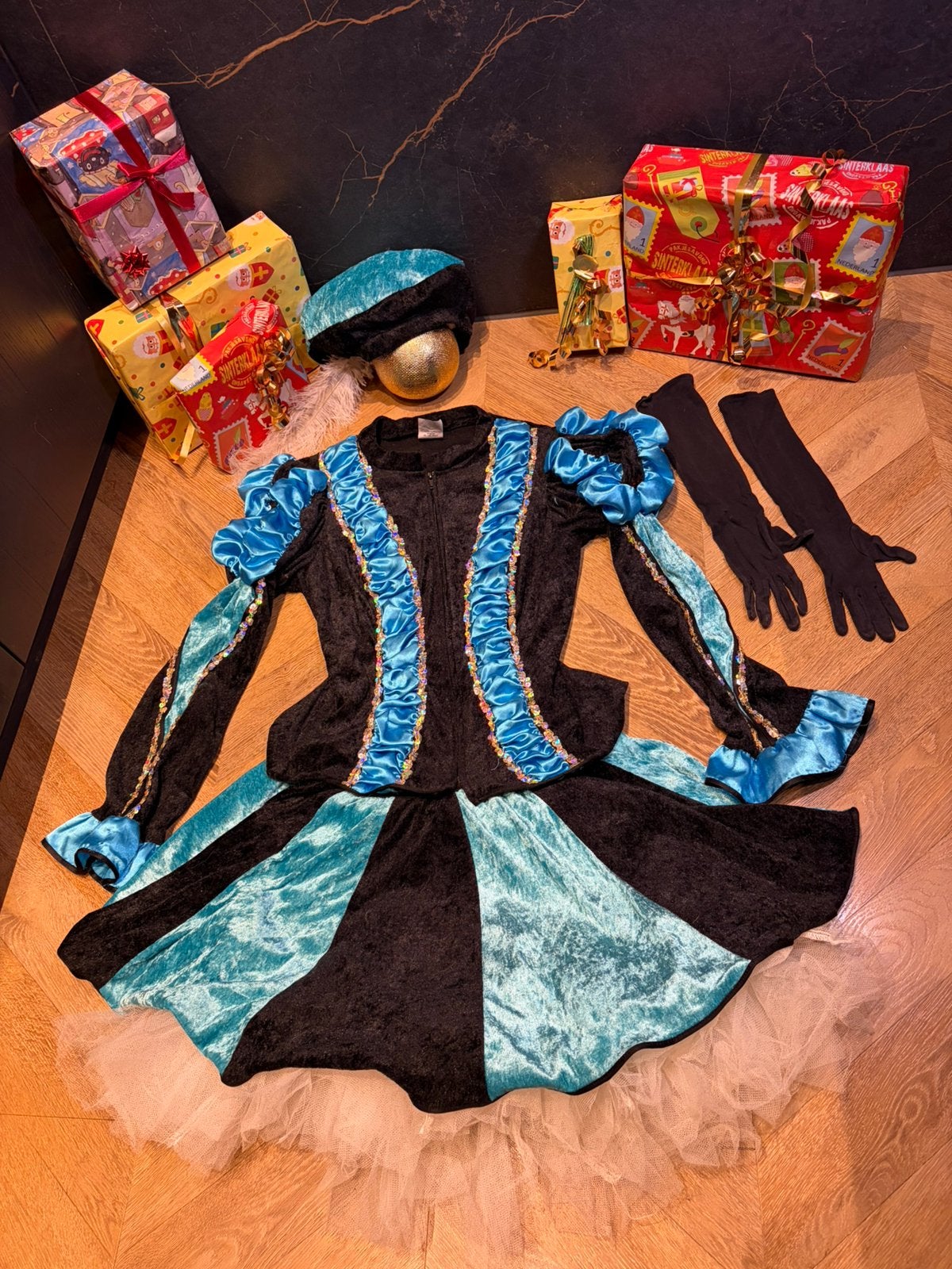 Pietenjurk pietenpak blauw zwart maat m luxe glitter sint, Ophalen of Verzenden, Zo goed als nieuw, Carnaval