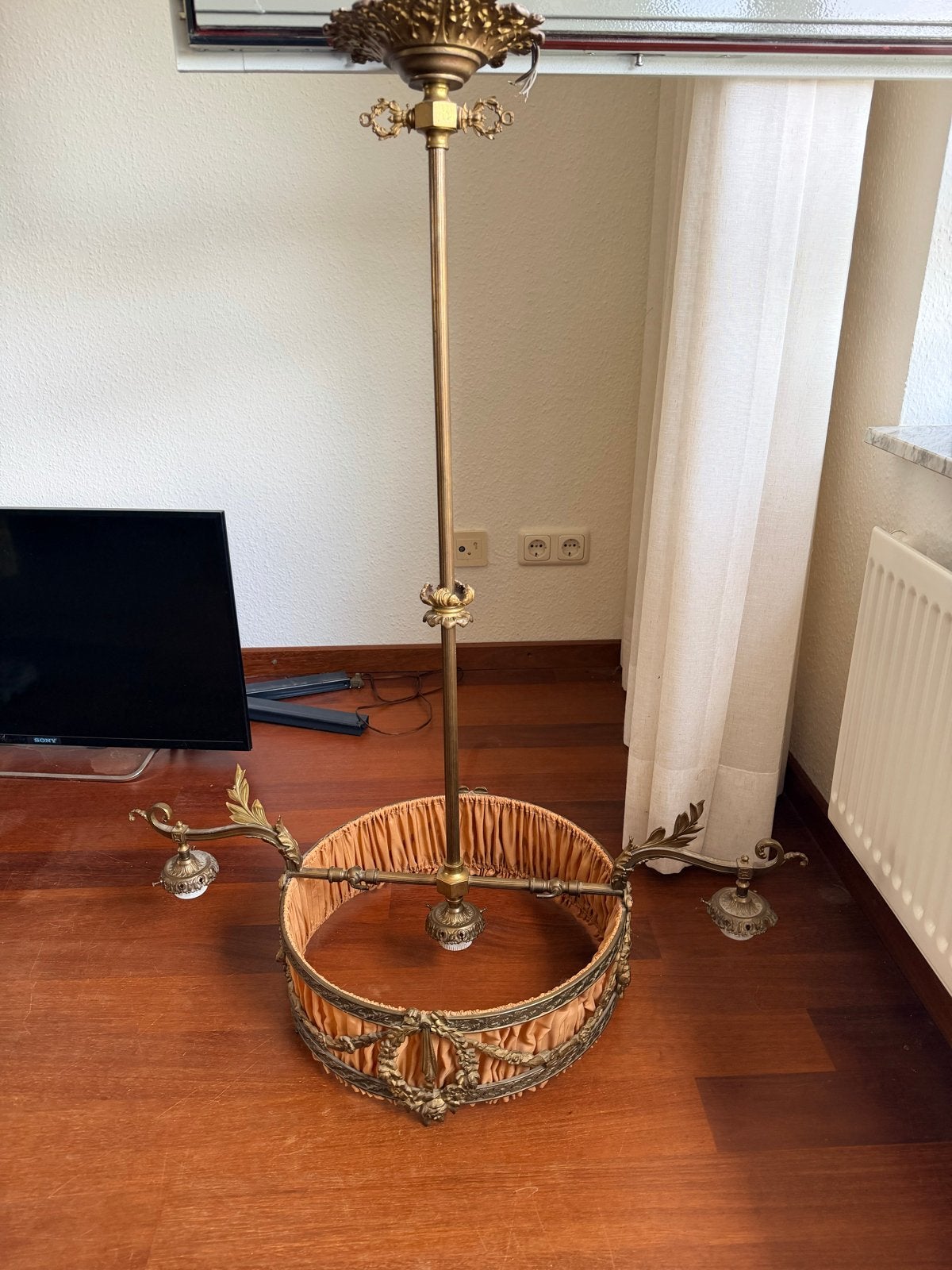 Antieke Bronzen Hangerlamp met Stoffen Kap, Ophalen